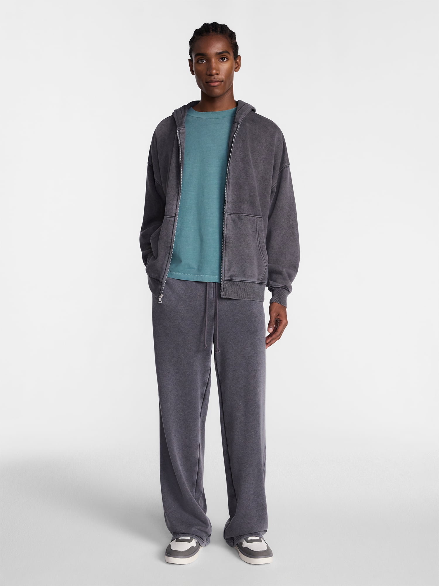 No Boundaries Boxy Oversized Fit Fleece Zip Hoodie Sweatshirt with Long Sleeves, Men's XS-4XLT