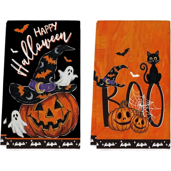 Pumpkin Bats Halloween Kitchen Towels Set of 2 18x26 Inch | Ghost Black Cat Boo Hand & Dish Towels,Ultra Absorbent,Seasonal Farmhouse Decoration