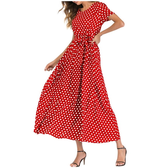 Guieoi Womens Dresses Plus Size 1950s Round Neck Short Sleeve Tie-Waist Beach Polka Dot Print Dress Red L