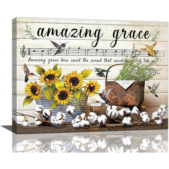 Farmhouse Sunflower Cotton Wall Art Country Amazing Grace Hummingbird Pictures Wall Decor Rustic Canvas Paintings Modern Artwork Home Decor for Bathroom Bedroom Living Room Office Framed 16"x12"