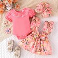 thumbnail image 4 of Lenago Girl Baby Solid Round Neck Bubble Sleeve Jumpsuit+Rabbit Print Strap Skirt+Rompert, 4 of 9