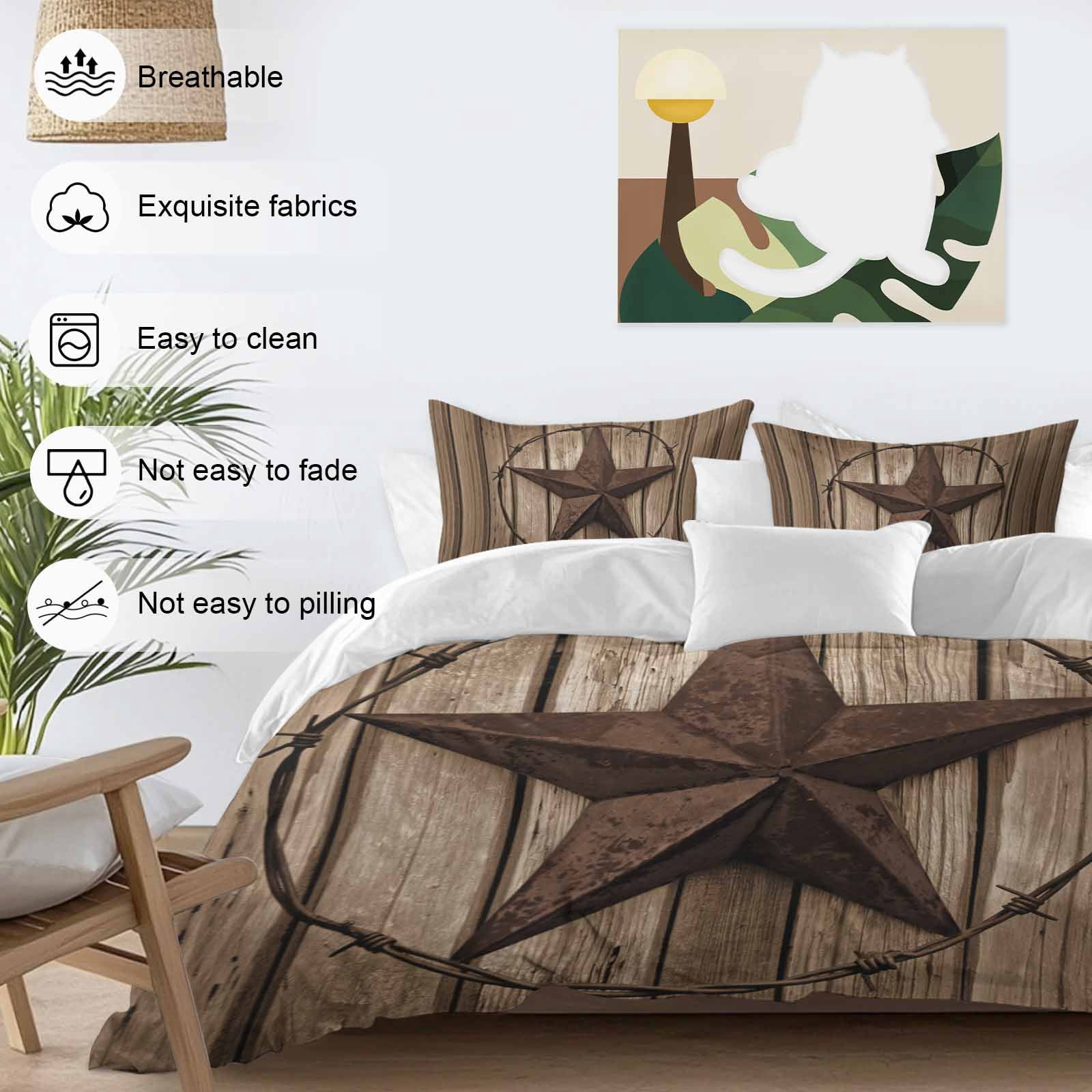 Vintage Texas Star Bedding Duvet Cover Set King Size 4 Pieces Brown Wood Grain Wire Soft Twill Plush Quilt Cover, Include 1 Duvet Cover 1 Flat Sheet And 2 Pillow