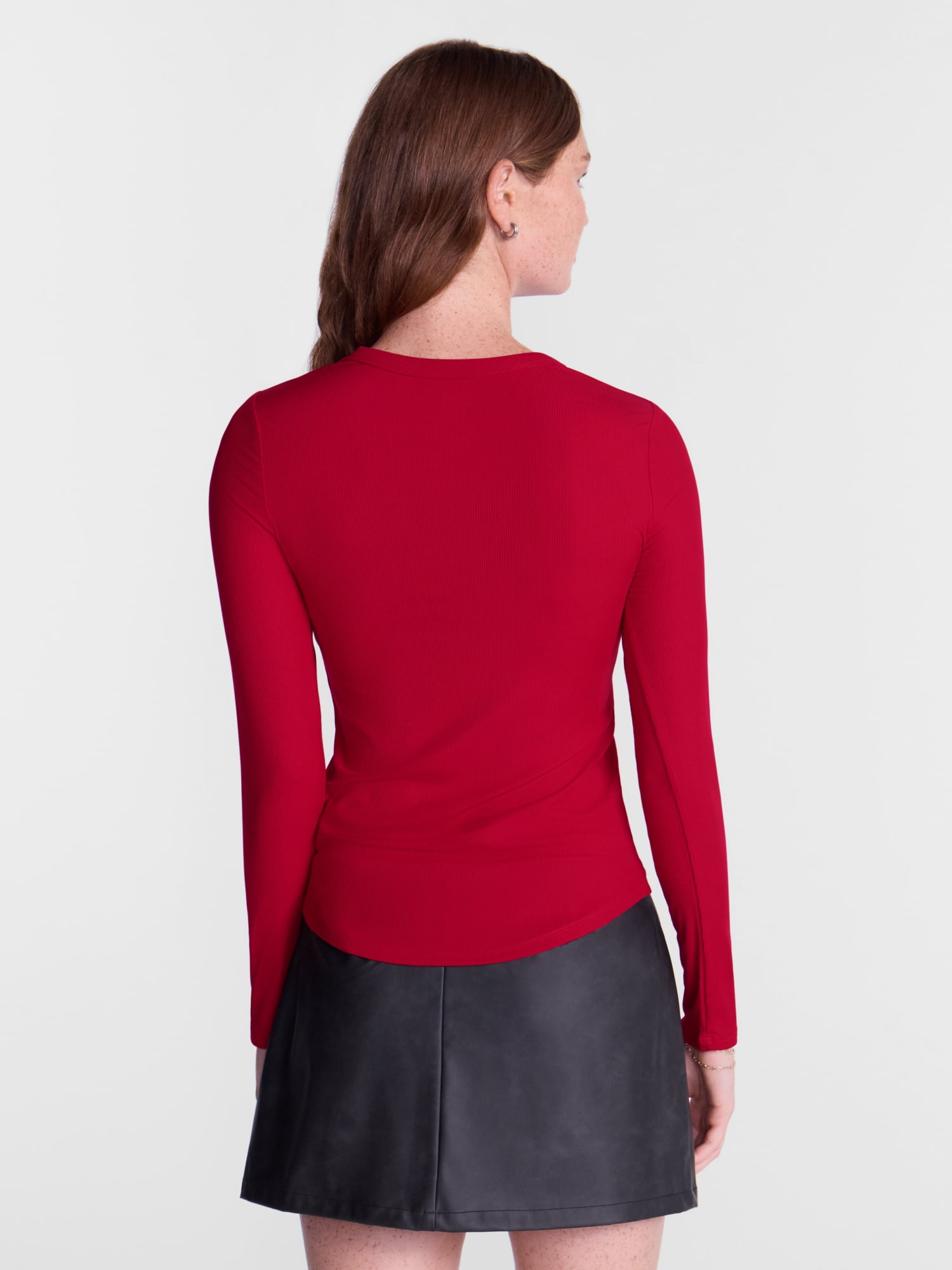 No Boundaries Ribbed Crewneck Tee with Long Sleeves, Women's and Women's Plus XXS-4X