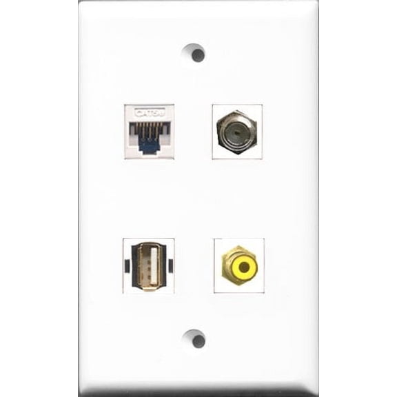 RiteAV - 1 Port RCA Yellow and 1 Port Coax Cable TV- F-Type and 1 Port USB A-A and 1 Port Cat5e Ethernet White Wall Plate