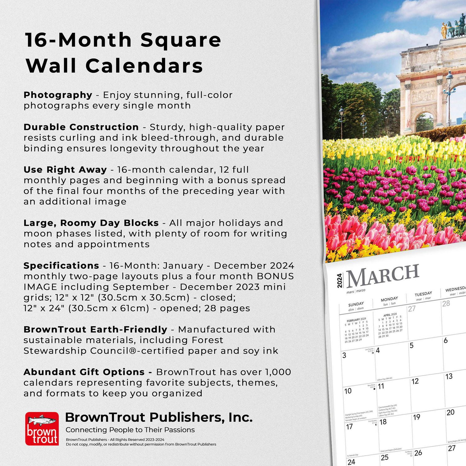 BrownTrout Paris 2024 12x24 Inch Square Wall Calendar, 9781975464486