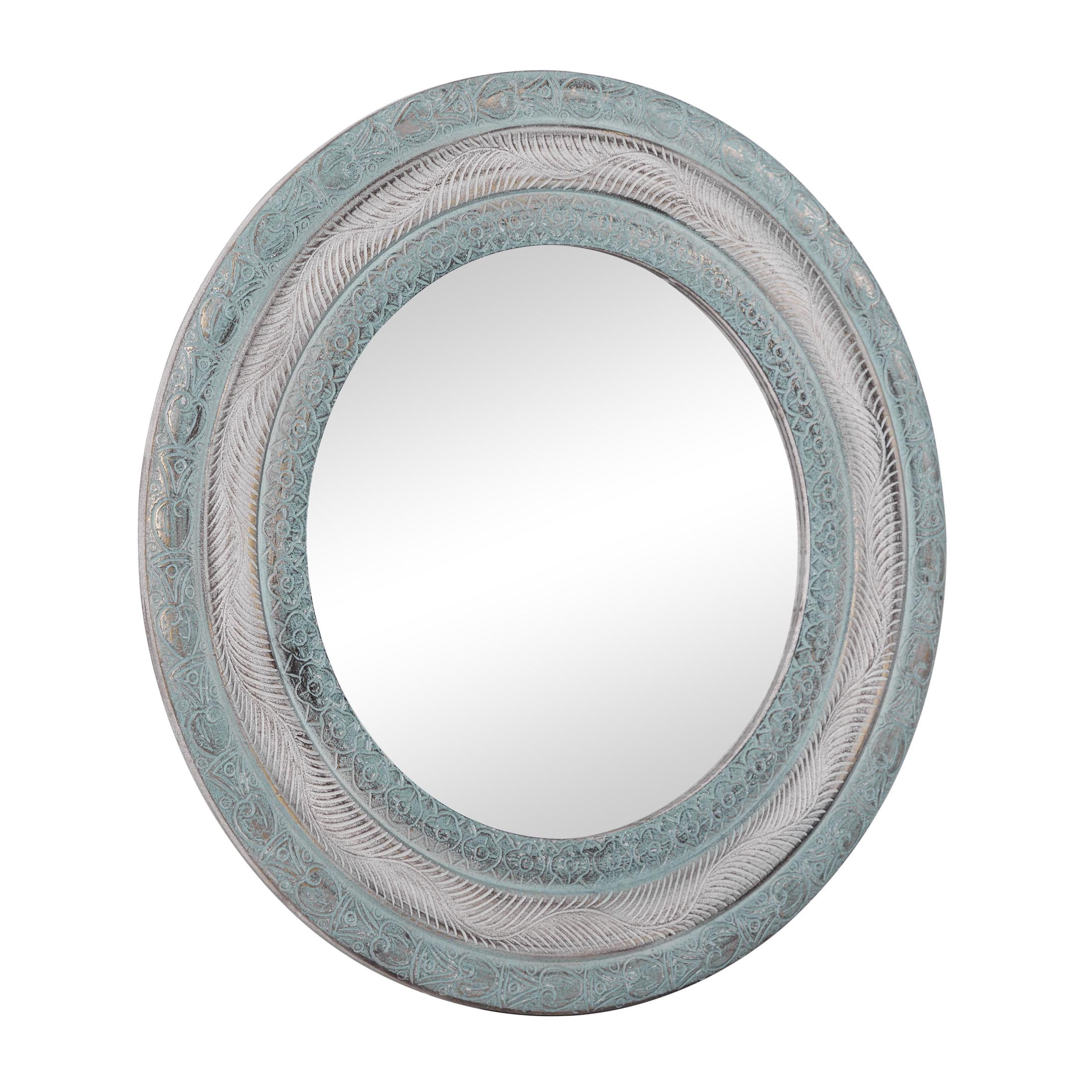DecMode 36" x 36" Blue Distressed Carved Floral Wall Mirror with Gold and Beige Accents