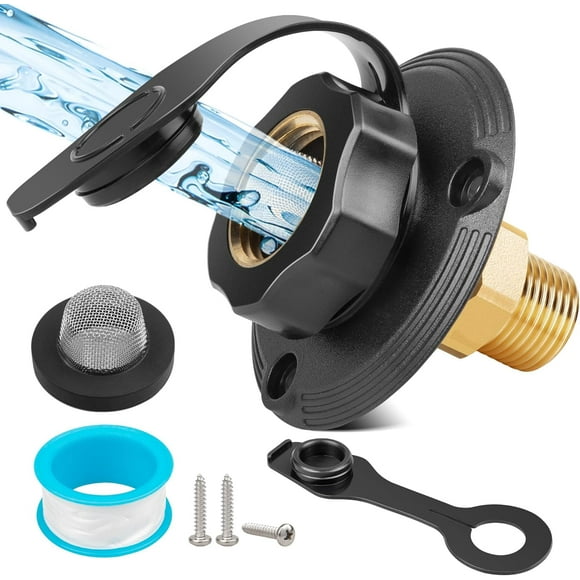 RV City Water Inlet with Check Valve, Lead-free Brass RV Fresh Water Inlet 3/4 NH Female to 1/2 NPT Male Connection, Water Fill Inlet Flange Replacement for Camper Trailer Motorhome Marine
