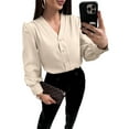 thumbnail image 2 of Women'S Business Casual Tops Summer Long Sleeve Button Down Shirts V Neck Chiffon Blouses Apricot L, 2 of 8