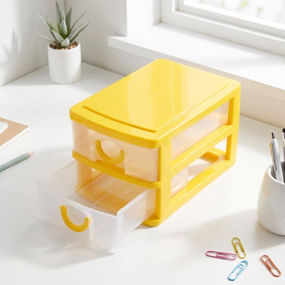 2Pcs Desk Storage, Durable Plastic Drawer Set – File Organizer & Supply Holder, Cute Yellow, Great for Office Desk Clutter