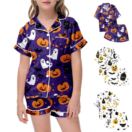 Halloween Pjs Girls Short Sleeve Button down Graphic Silk Lounge Pjs Set Pajamas Girls Size 2-13 Years