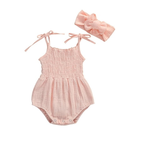 

Baby Girls Summer Romper with Hair Band Solid Color Sling Shoulder Tie Outfit