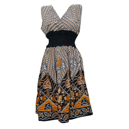 Cotton Peasant Dress - Mogul Women's Peasant Dress V-neck Floral Printed Cotton Beach Dresses