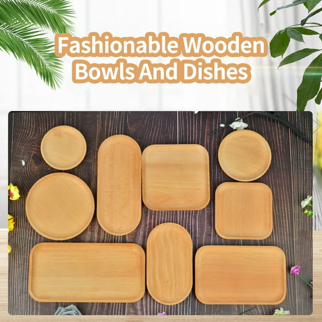 enjoywould Storage Tray Multipurpose 4 Shapes Solid Wood Square Rectangle Round Ellipse Dinner Breads Plate Home Supplies