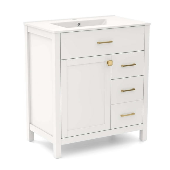 Costway 30" Bathroom Vanity with Sink 2 Drawers 1 Door 1 Flip-out Drawer Solid Wood Legs