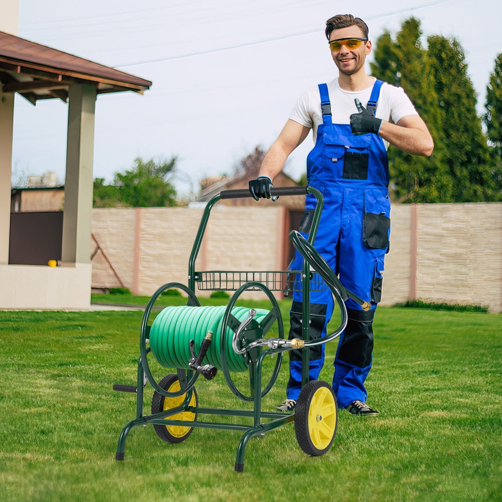 Gymax Garden Hose Reel Cart 230 FT of 5/8'' Large Capacity w/ 2 Wheels Storage Basket Green