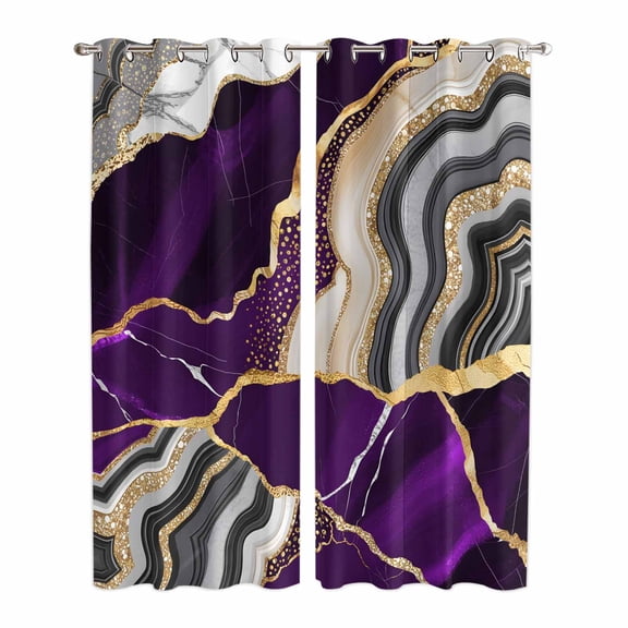 Kitchen Curtains 84 Inch Length 2 Panels, Purple Marble Grommets Window Treatment Curtain, Grey Gold Texture Vintage Farmhouse Art Thermal Curtains Drapes for Living Room/Bathroom