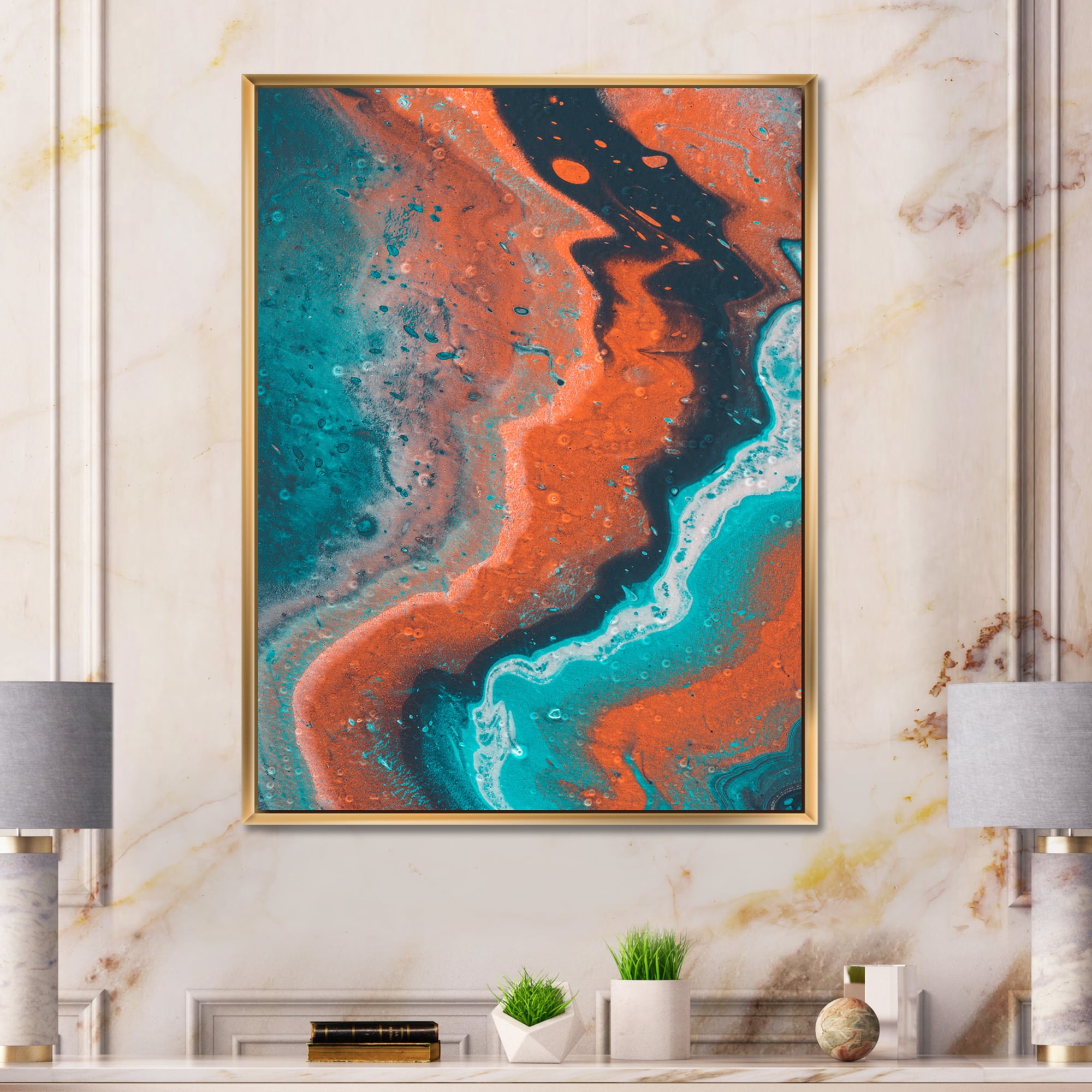 Designart 'Abstract Marble Composition In Orange and Blue I' Modern Framed Canvas Wall Art Print