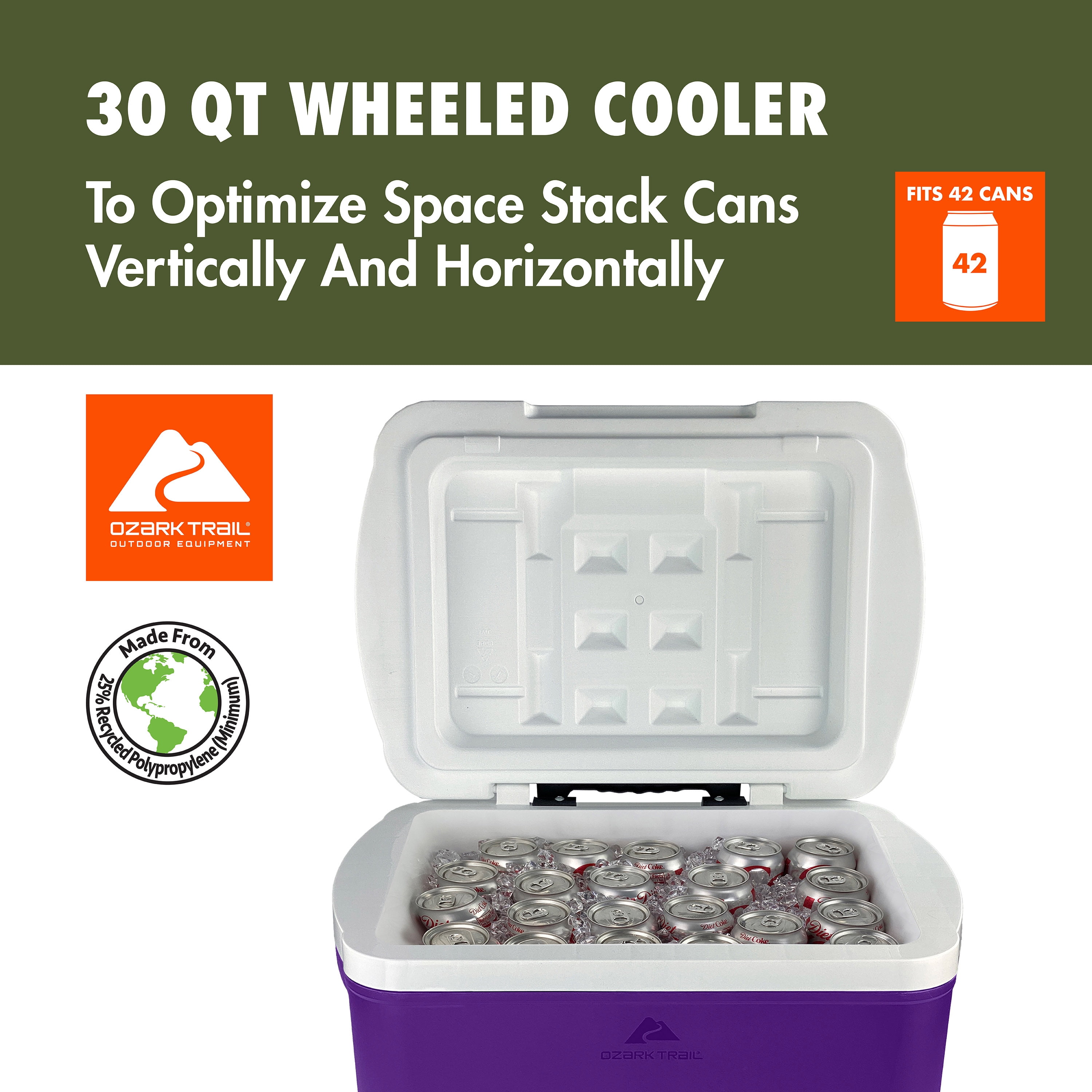 Ozark Trail 30 Quart Capacity Hard Side Wheeled Cooler, 42-Can, Purple