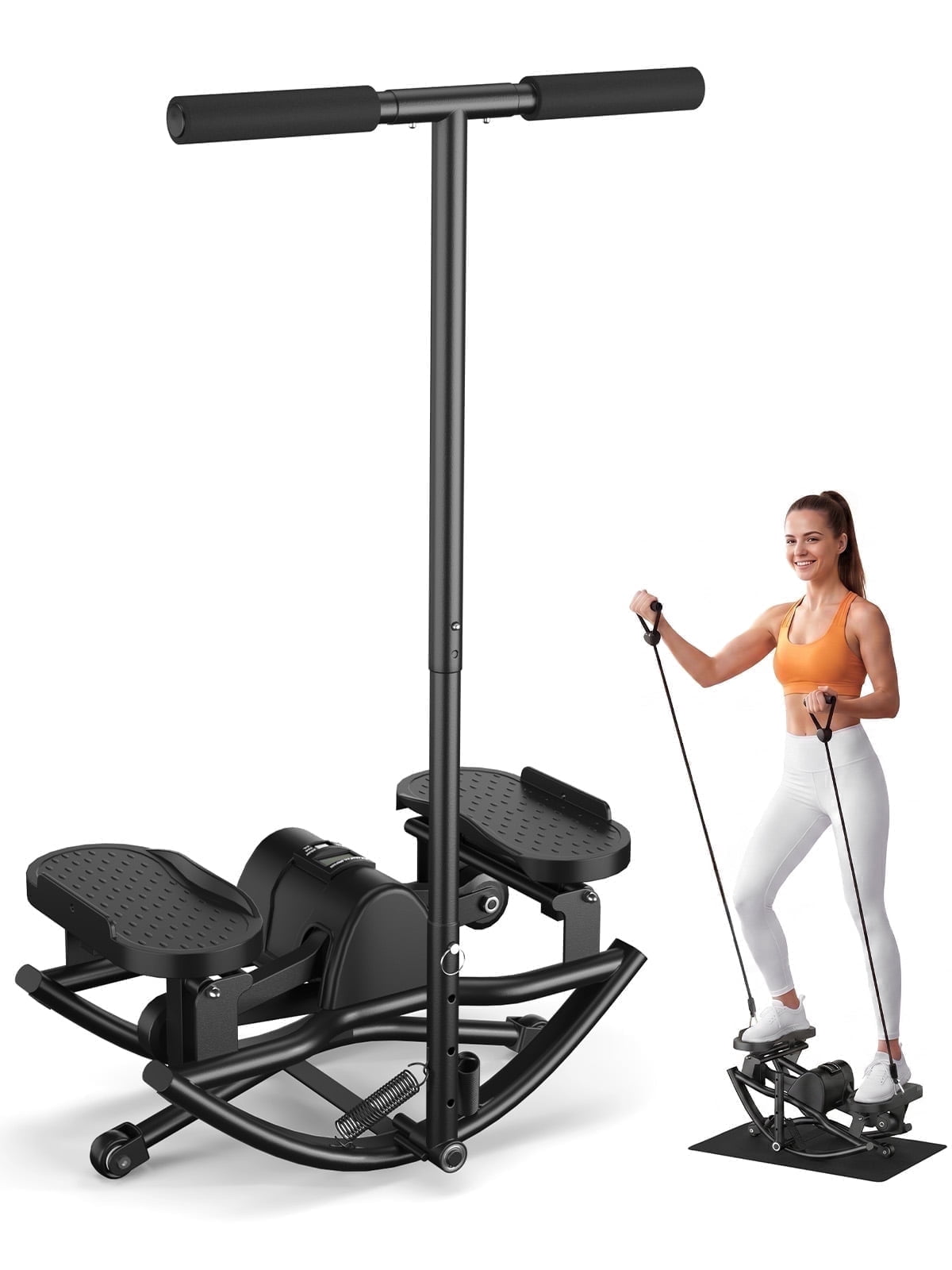 Rock Stepper, Quiet Side-to-Side Step Machine with Adjustable Armrests and Resistance Band, Digital Monitor, 270 lbs Capacity for Home Workout, Black