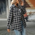 thumbnail image 6 of Kaprioy Womens Plaid Flannel Shacket Button Down Long Sleeve Casual Jackets Coats Fall Fashion Clothes Plus Size Baggy Trendy Shirts Navy, S, 6 of 8
