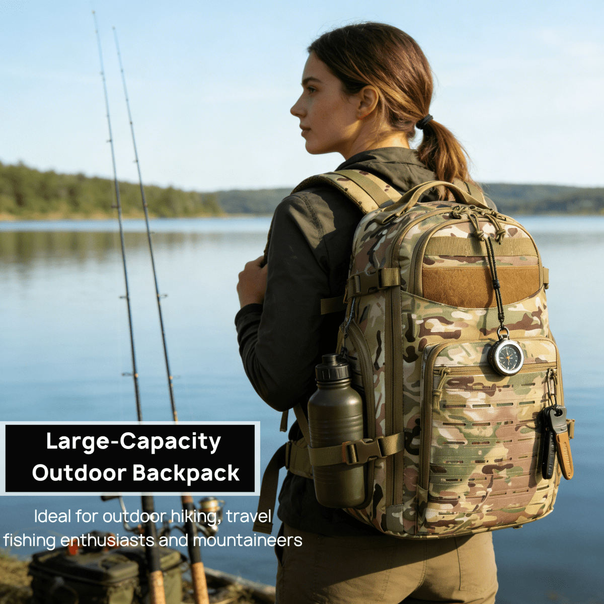 15.6 Inch Laptop Backpack - Large Capacity Outdoor Rucksack with MOLLE Webbing, Compass, Flag Patch, Survival Whistle,TYPE-C Outdoor Fire Starter (Hiking Camping Daily Commute)