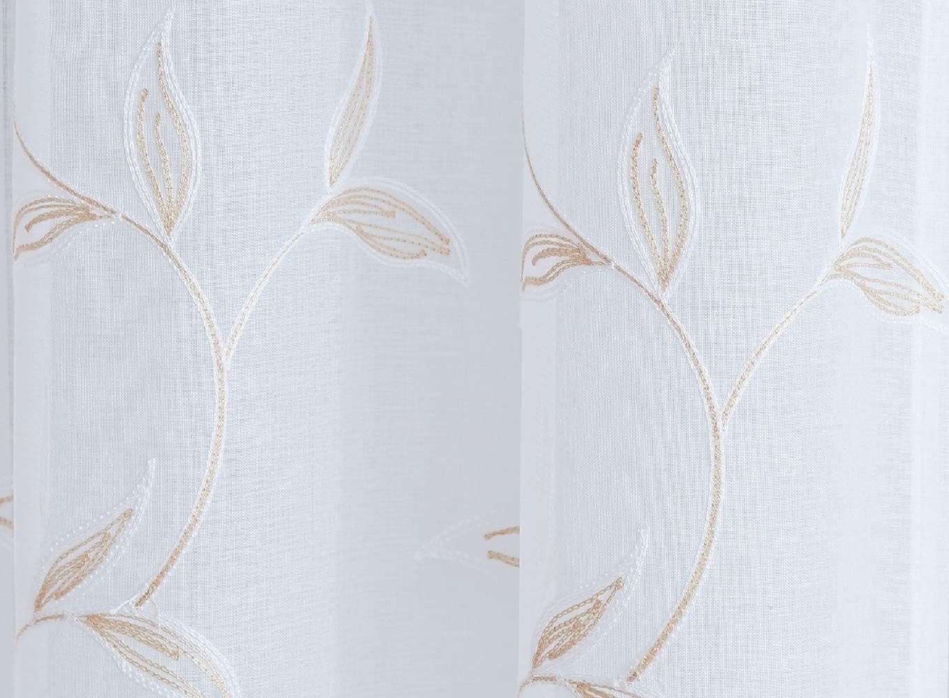 Warm Home Designs Pair of Standard Length 54" x 84" Sheer White Curtains with Gold Linen Leaf Embroidery. M Linen 84