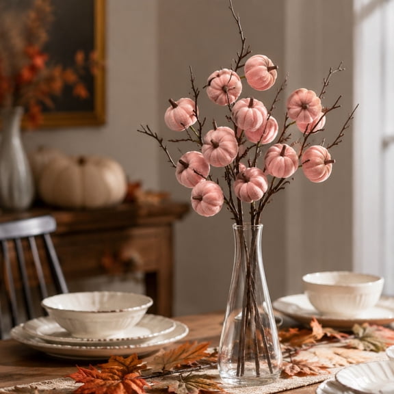 Artificial Velvet Pumpkin Pick with Branches & Berries, Fall Floral Arrangement Supply, Summer to Fall Decor for Vase, Wreath Making, Thanksgiving, Halloween and Seasonal Home Decoration, Pink