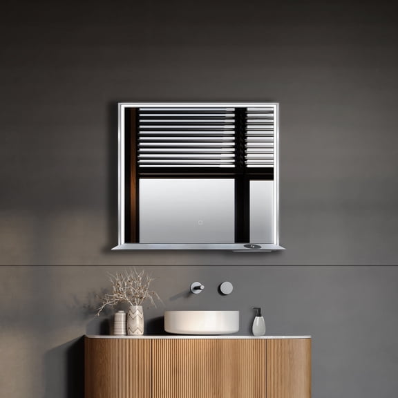 Dreamwerks 36"W x 32"H Brushed Nickel Framed LED Mirror with Integrated Cell Phone Charger
