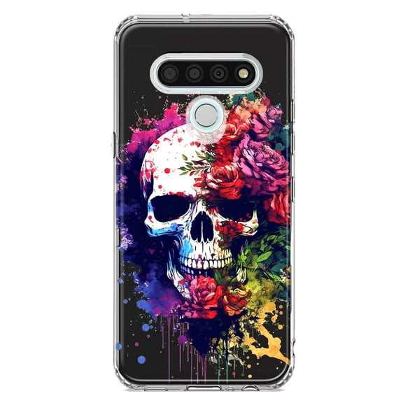 MUNDAZE LG Stylo 6 Shockproof Clear Hybrid Protective Phone Case Fantasy Skull Red Purple Roses Cover