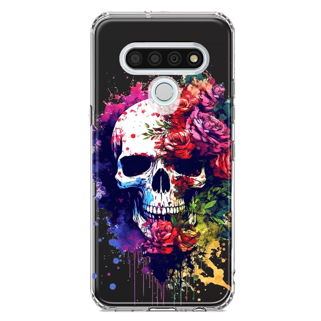 MUNDAZE LG Stylo 6 Shockproof Clear Hybrid Protective Phone Case Fantasy Skull Red Purple Roses Cover