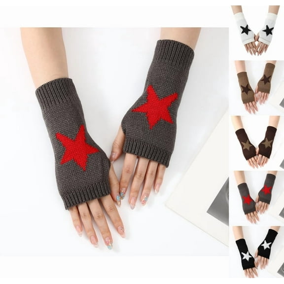 Women's Star Pattern Fingerless Thumb Hole Knitted Wrist Length Mitten Gloves Gray One Size
