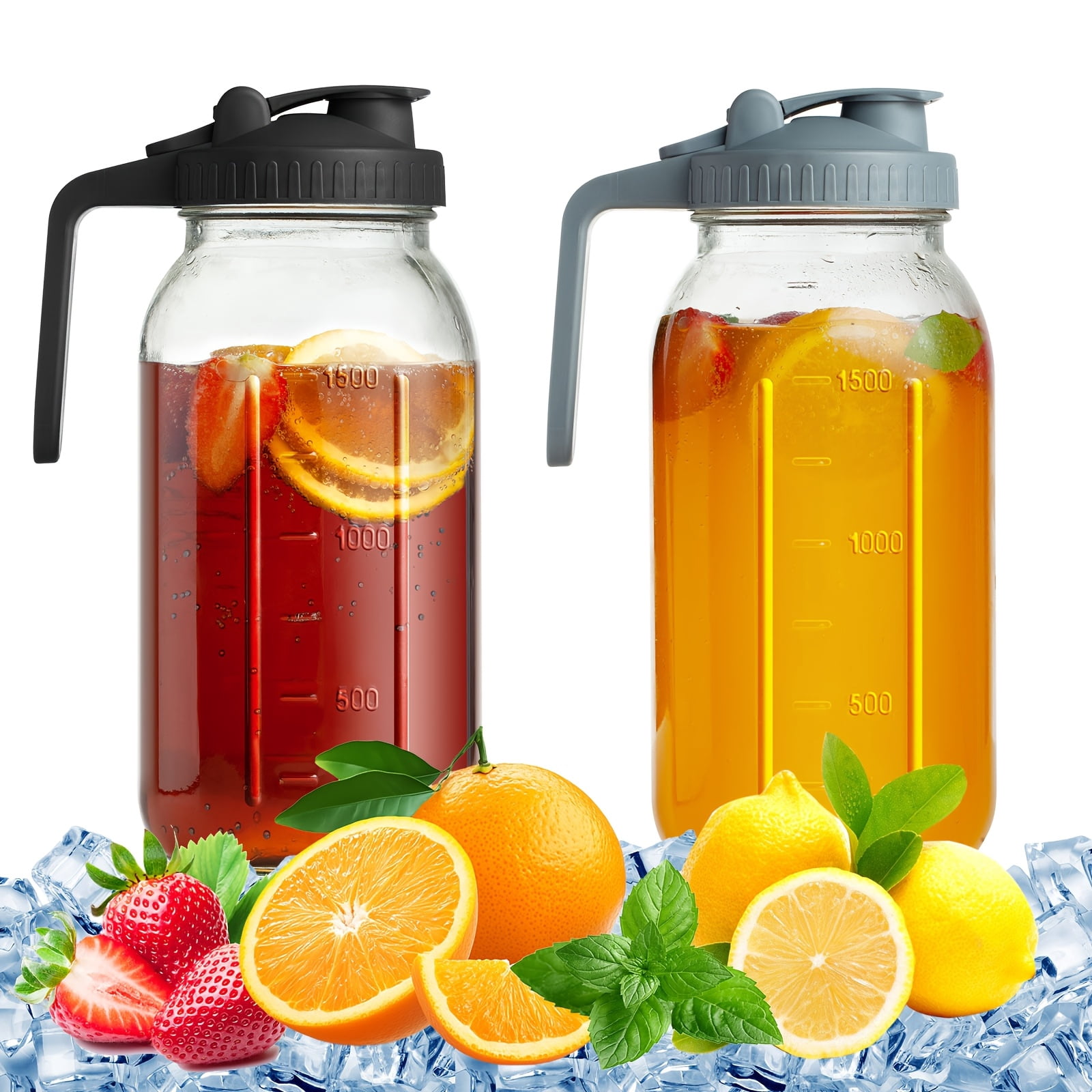 2-Pack 64 oz Mason Jar Pitcher with Pour Spout - Double Leak Proof Wide Mouth Glass Pitcher, Breast Milk Storage Container, Iced Tea Pitcher for Fridge, Creamer Jug for Coffee, Sun Tea & Juice