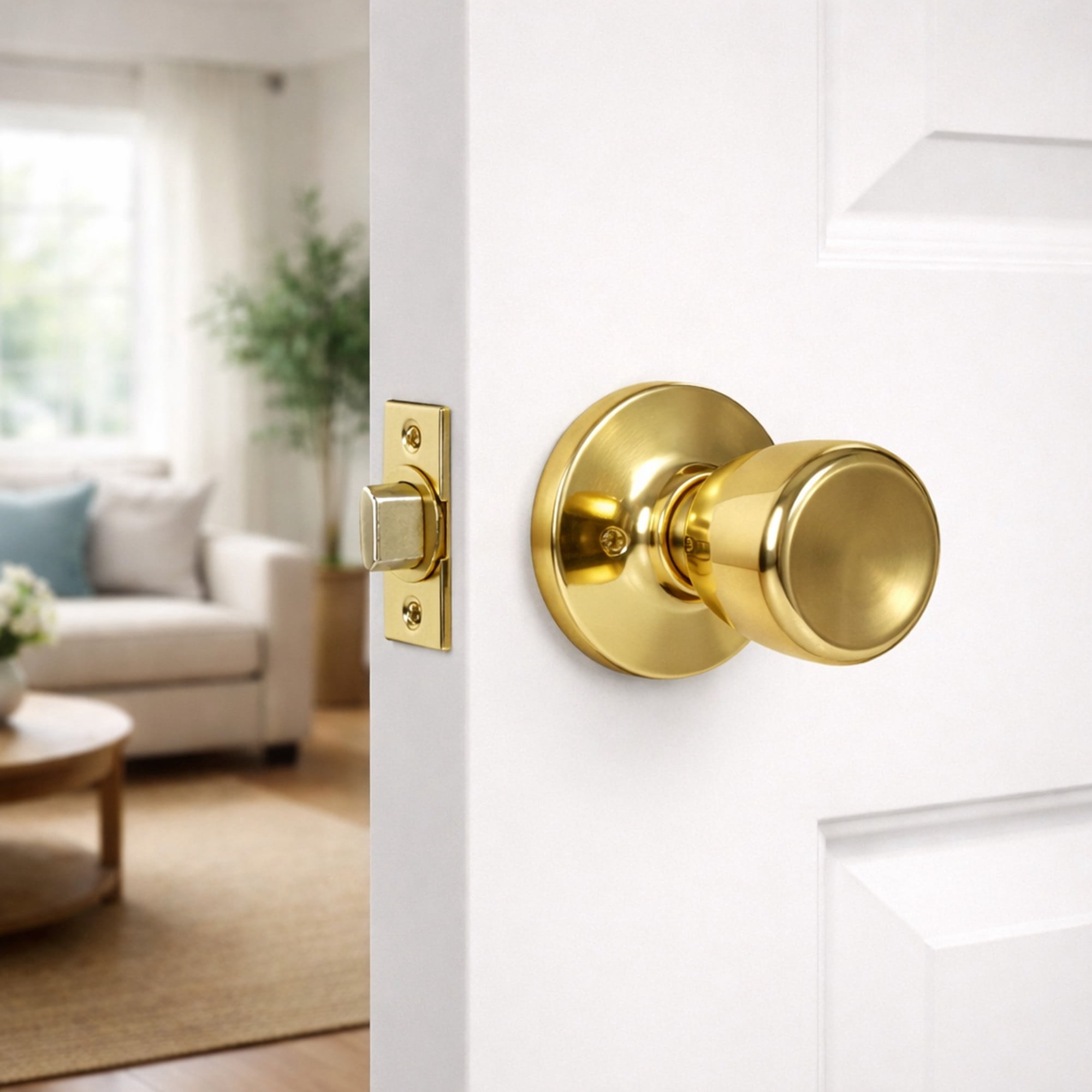Polished Brass Passage Door Knob, Hall and Closet, 6-Way Universal Fit
