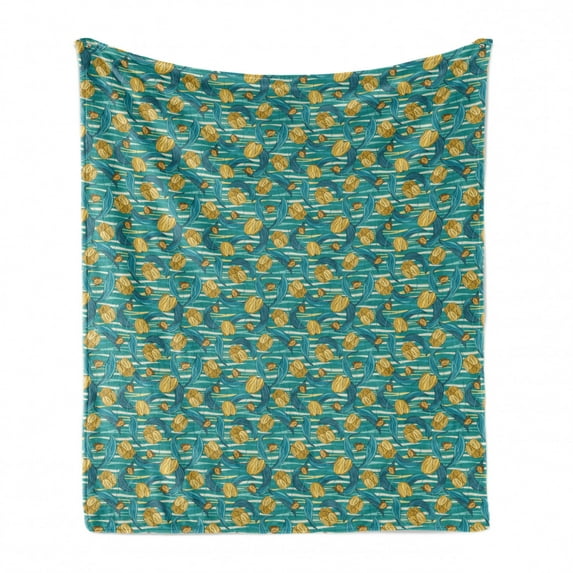 Floral Soft Flannel Fleece Throw Blanket, Tulip Flowers on Wavy Background, Cozy Plush for Indoor and Outdoor Use, 50" x 60", Teal Earth Yellow, by Ambesonne