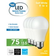 Great Value LED Light Bulb, 13.5W (75W Equivalent) A19 General Purpose Lamp E26 Medium Base, Non-dimmable, Soft White, 4-Pack