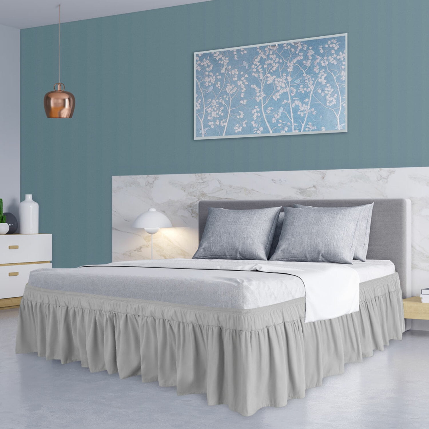 Unique Bargains 16" Drop Elastic Ruffles Brushed Bed Skirt Full Light Gray