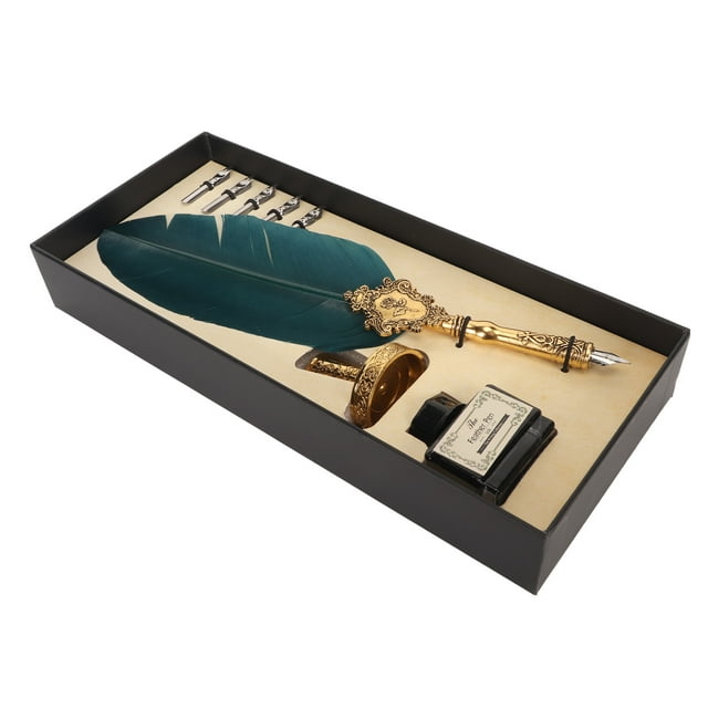 Feather Pen, Quill Pen and Ink Set Beautiful Retro Style with 5 Interchangeable Nibs for School