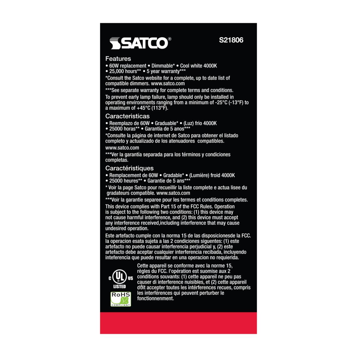SATCO S21806 9.8W 120V A19 LED Bulb E12 Candelabra Base 4000K 800L Dimmable (6 Pack)