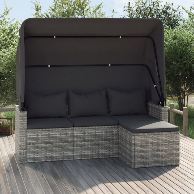 vidaXL Canapé de Jardin 3 Places avec Toit et Repose-Pieds Gris en Rotin Synthétique
