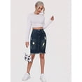 thumbnail image 3 of Blue High Waist Ripped Denim Midi Skirt With Fringe Hem, 3 of 12