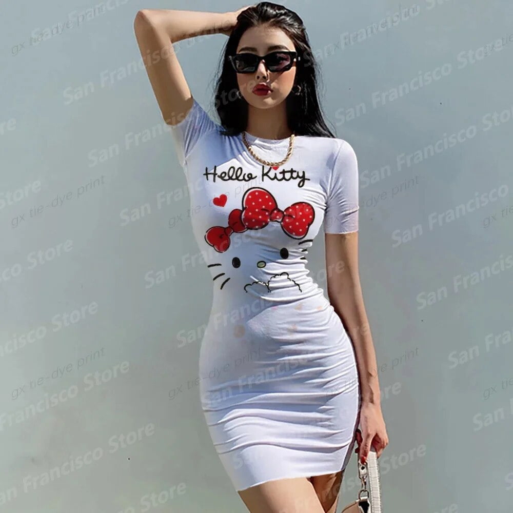 Summer Disney Hello Kitty Printed Girl Dress Short Sleeve Kids Adult Parent Child Dress Ladies Christmas Party Night Mini Dress Walmart