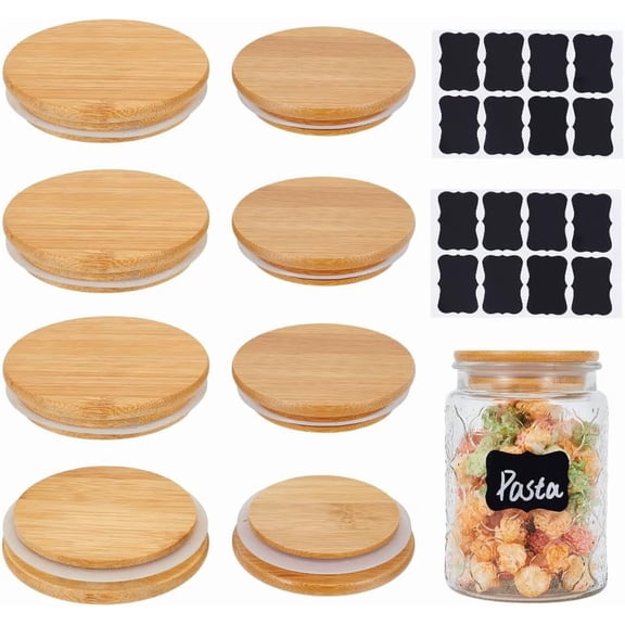 8 Pcs 2 Sizes Bamboo Glass Lids 85/98mm Wooden Jar Lids Airtight Wooden Lid with Silicone Ring and Adhesive Sticker for Wide Mouth Brown