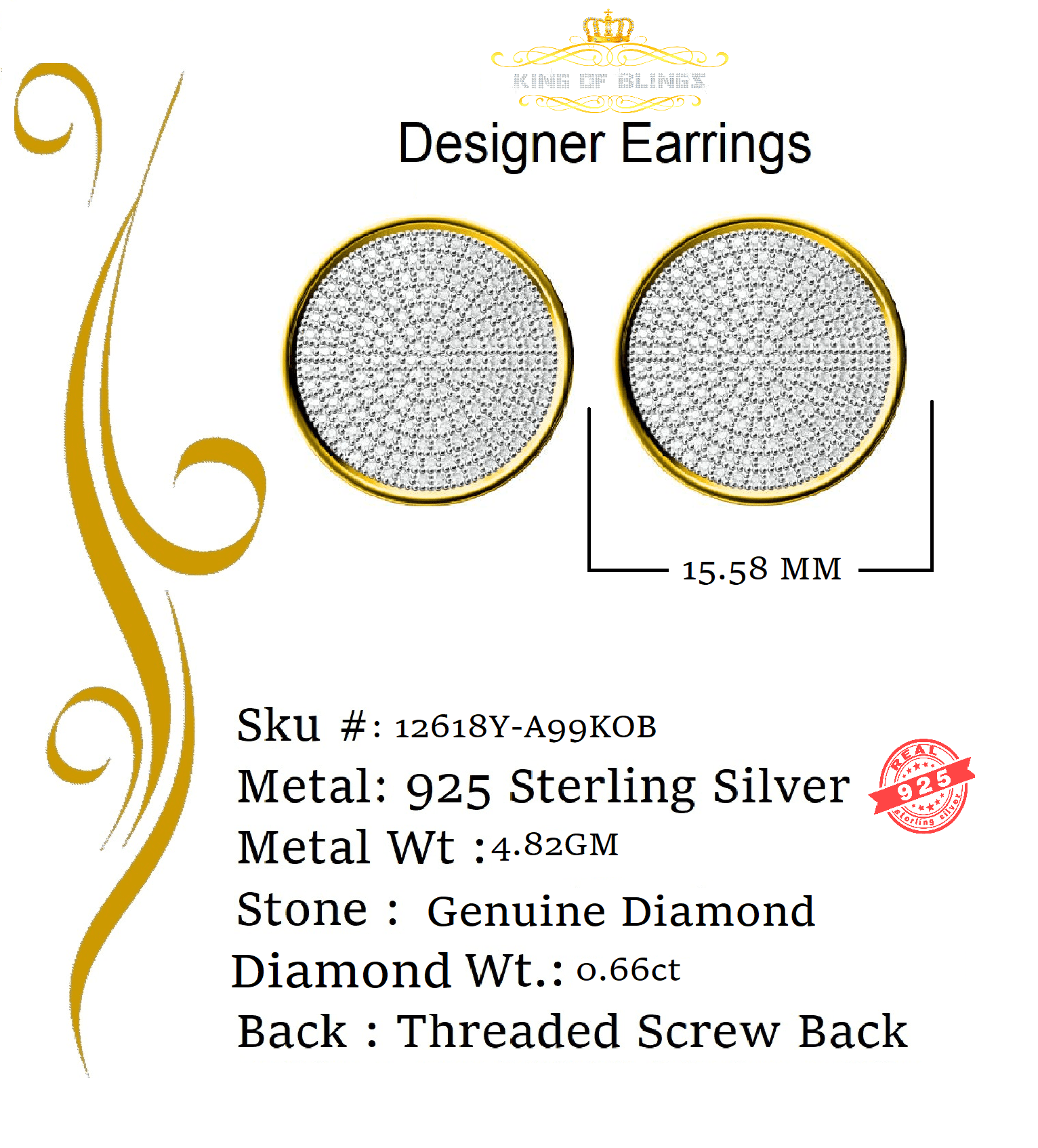 King of Bling's 0.66ct Diamond Hip Hop Men/ Women Stud Earrings Yellow 925 Sterling Silver