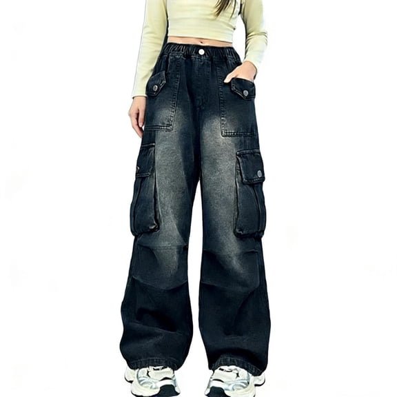 Girls Black Cargo Pants Wide Leg Baggy Denim Jeans with Pockets Elastic Waist Y2K Casual Streetwear Trousers for Kids Ages 5-14 Years,Size 10-11T