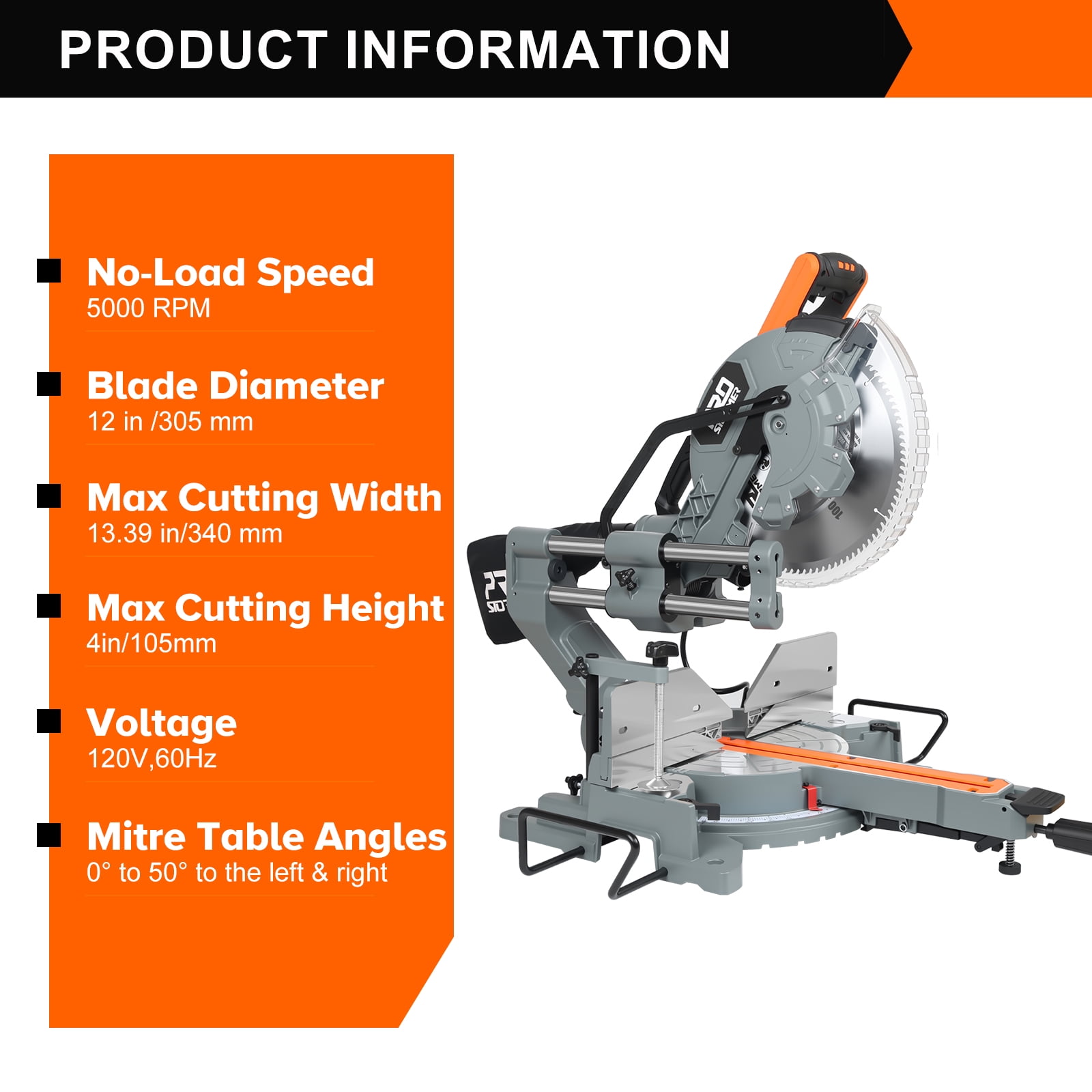 PRO 12-Inch Double Slope Sliding Composite Oblique Saw, 5000RPM, 15A Power Miter Saw, with Expansion Table and LED Shadow Line