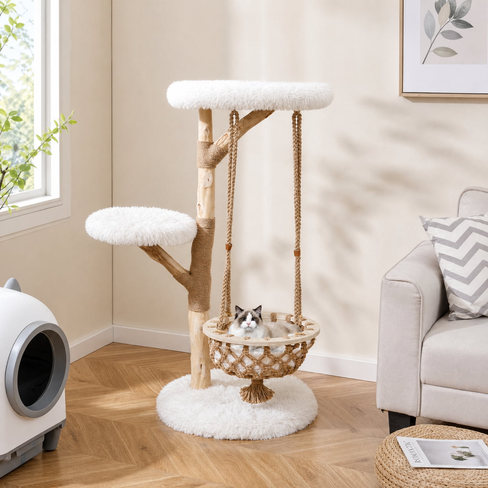 SUGIFT 48.5 Inch Solid Wood Cat Tree with Hanging Cradle, Tall Modern Cat Tree Tower for Large Cats with Jute Post and Plush Perch, Natural and White