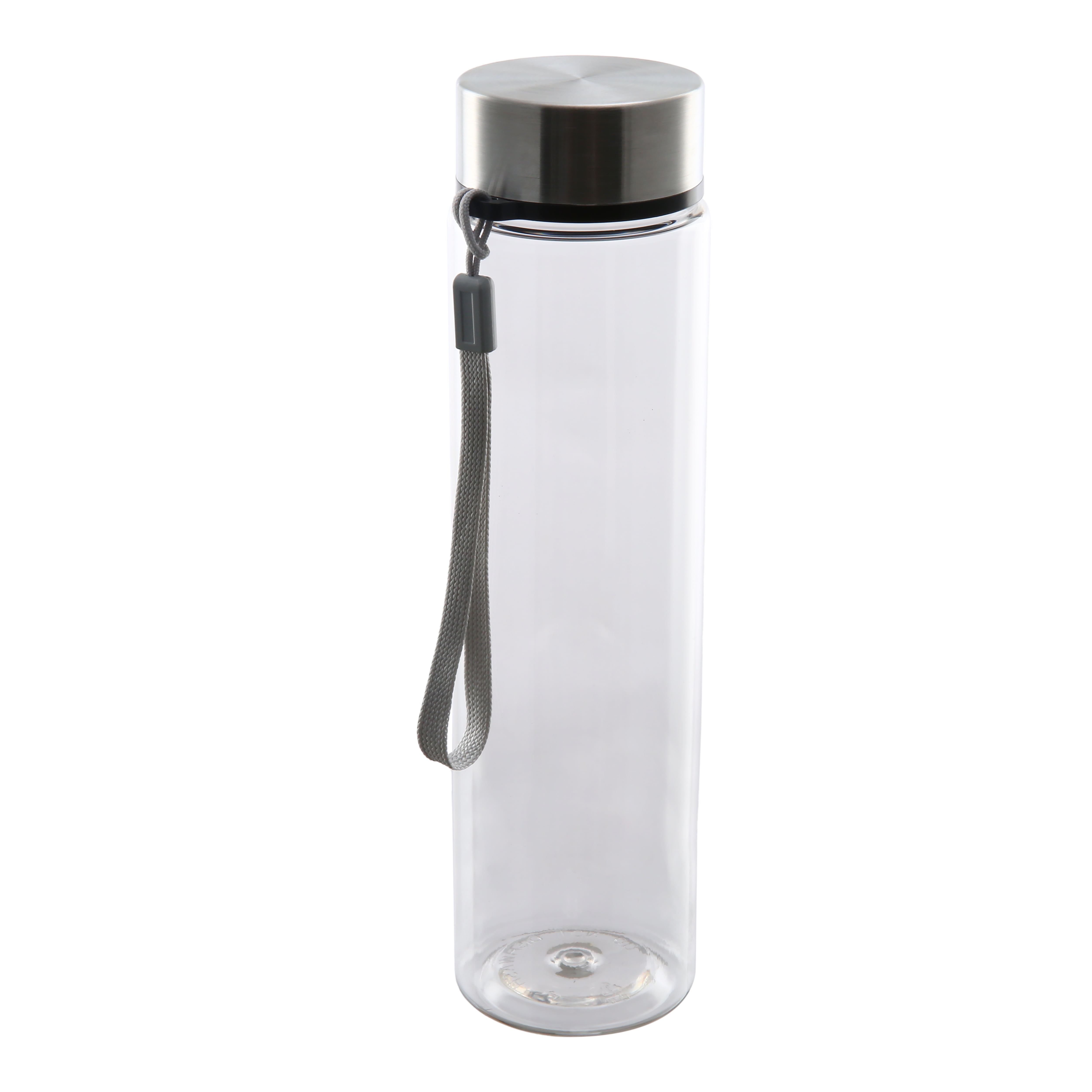 Mainstays 18 oz Plastic Clear Water Bottle Stainless Steel Screw Cap Lid with Strap, 1 Each