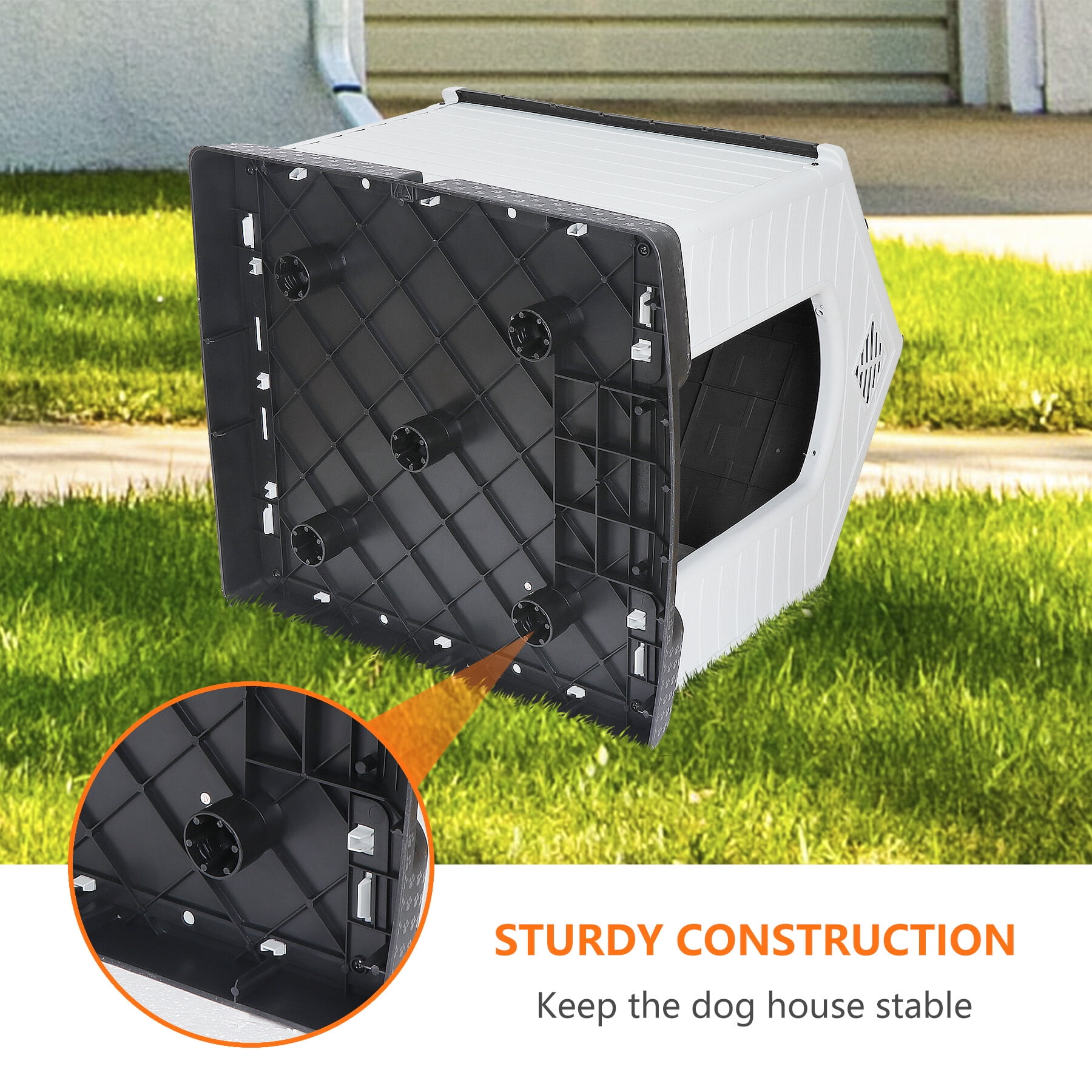 HomGarden 34'' Plastic Dog House Waterproof Outdoor Large Pet Shelter Kennel W/Air Vents, Gray