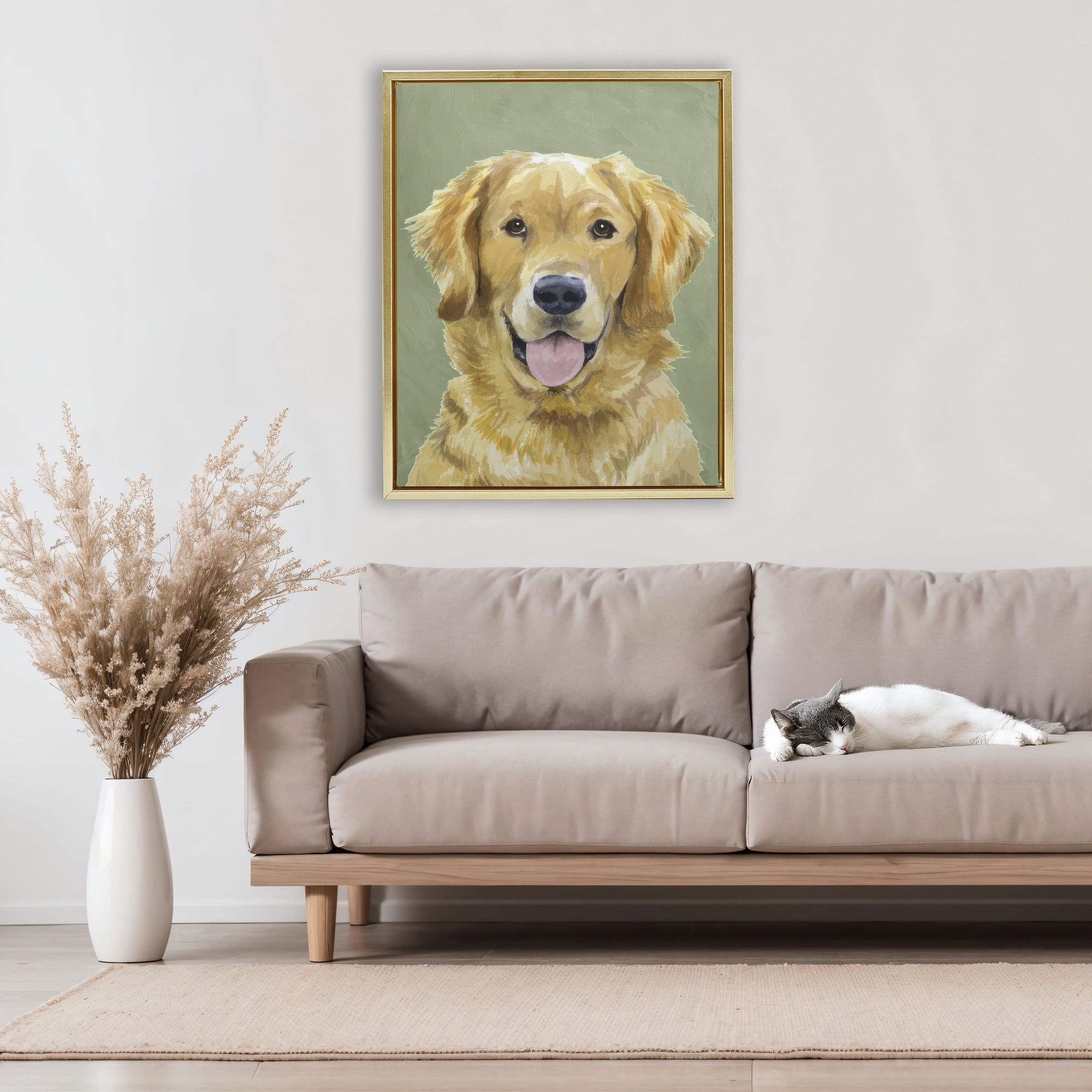Stupell Industries Smiling Golden Retriever Portrait Gold Framed Floater Canvas Wall Art, design by Lil' Rue