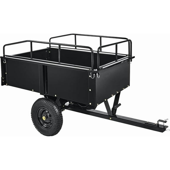 Lumiparty Heavy Duty Tow Behind ATV Trailer, 750 Lbs Steel Dump Cart Garden Carts with Removable Sides to Convert Into Flatbed, Metal Utility Wagon for Riding Lawn Mower Tractor, Black